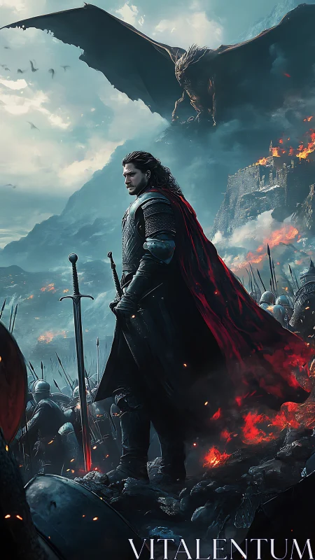 Armored warlord confronts dragon above siege-lit fortress battlefield