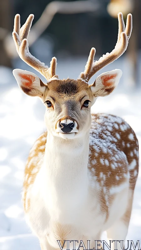 Male fallow deer in frontal portrait under bright winter light
