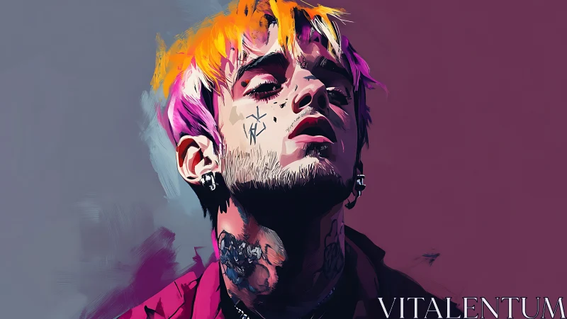 Neon-lit portrait with bold tattoos and saturated contrasts.