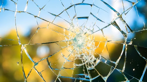 Radial crack pattern in broken window glass surface.