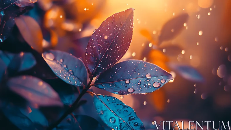 Dew-kissed leaves glow under warm sunset bokeh light.