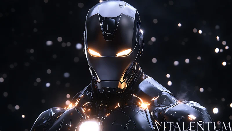 Midnight mech guardian glowing softly in drifting starlight.