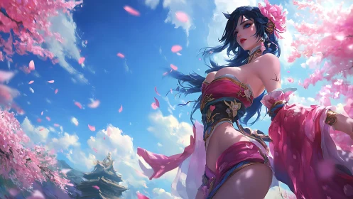 Cherry blossom warrior framed by dynamic low-angle perspective