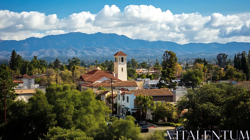 Sunlit hillside town with tiled rooftops and distant mountains.