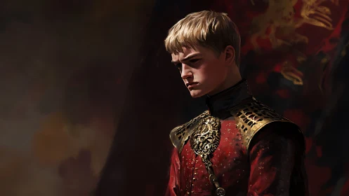 Brooding young noble gazes downward in rich crimson armor