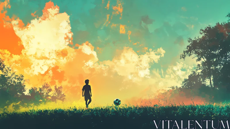 Silhouetted child and soccer ball under vivid painted sky.