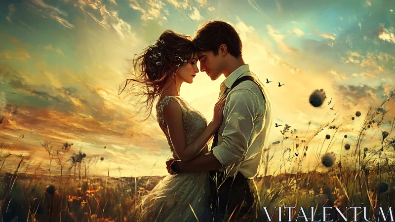 Romantic couple in golden hour field with dramatic sky and volumetric lighting.