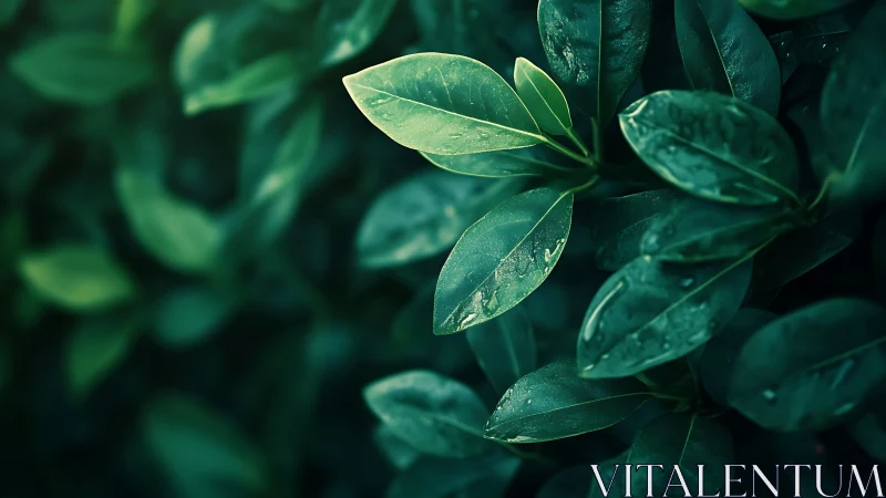 Single wet leaf in sharp focus against darker green foliage