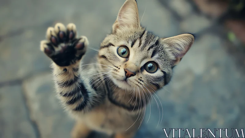 Tabby Cat Raising Paw with Striking Blue Eyes.