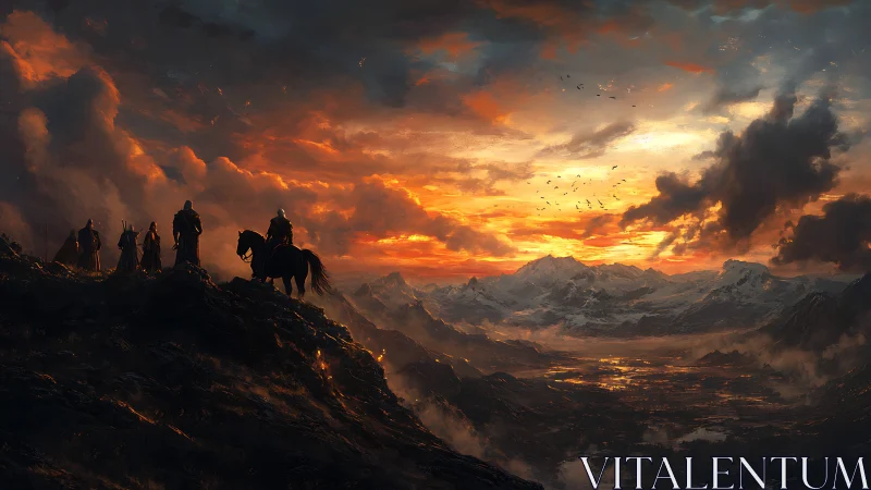 Warriors on a mountain ridge watch a blazing fantasy sunset.