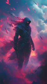 Hooded figure in dark armor amid magenta atmospheric clouds.