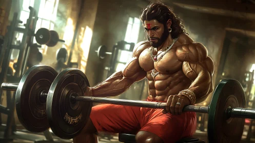 Divine warrior bodybuilder channels mythic power in gym.