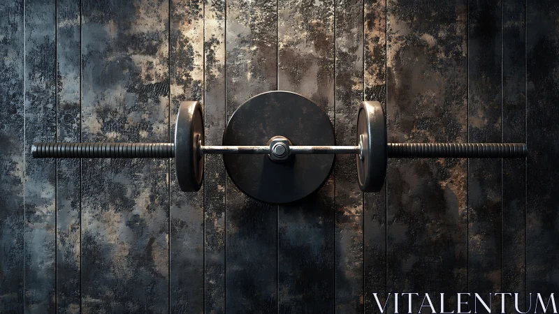 Horizontal barbell rests against textured dark metal wall