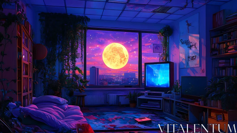 Neon twilight bedroom interior with oversized moonlit cityscape window