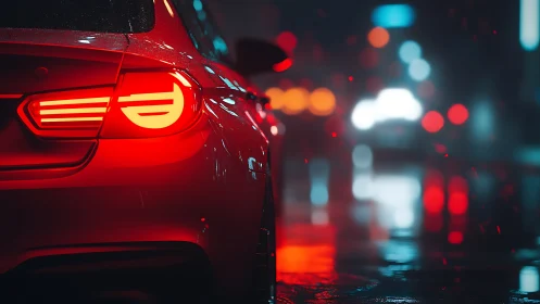 Photorealistic red coupe tail-light in neon night rainscape.