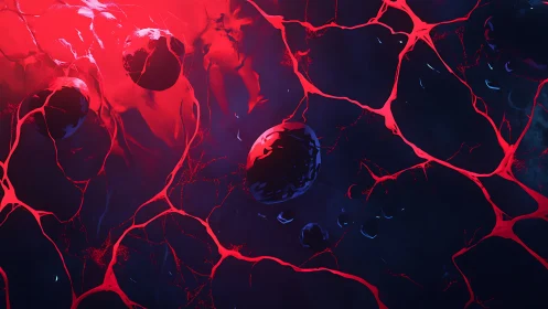 Crimson cosmic veins cradle glowing orbs in deep shadow