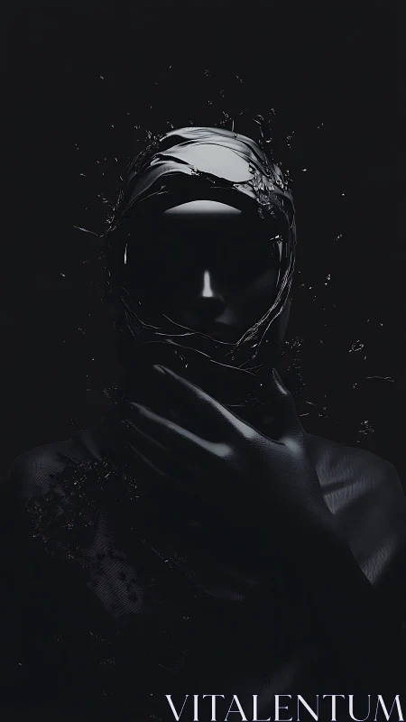 Liquid shadows cradle a silent faceless guardian in void