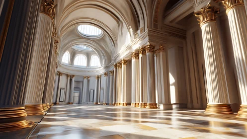 Sunlit palace hall welcomes with graceful arches and gold