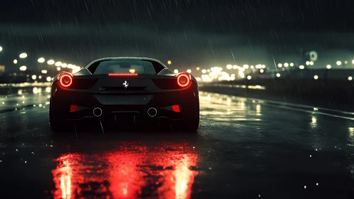 Rear rain-soaked supercar under urban bokeh illumination.