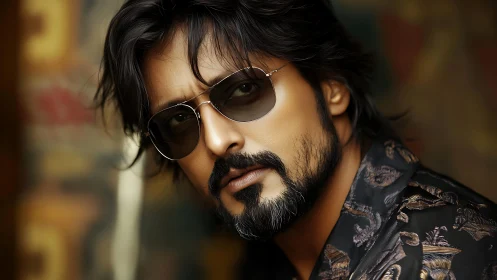 Close-up male portrait with reflective sunglasses and stylized beard