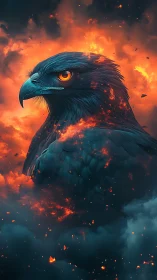 Fiery digital eagle portrait emerges from dense orange flames