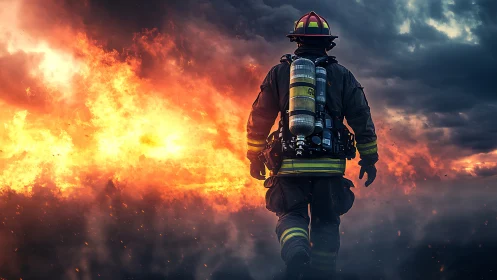 Firefighter advancing into intense inferno..