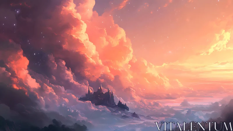 Dreamlit sky castle floating beneath glowing clouds.