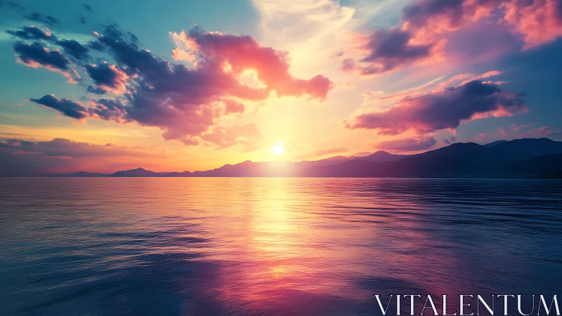 Sunset aligns over distant mountains and reflective sea