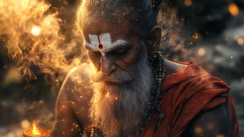 Elderly ascetic in saffron robes amid ritual fire embers