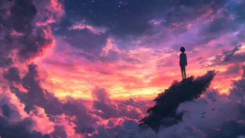 Silhouetted dreamer atop cloud peak under blazing sunset sky.