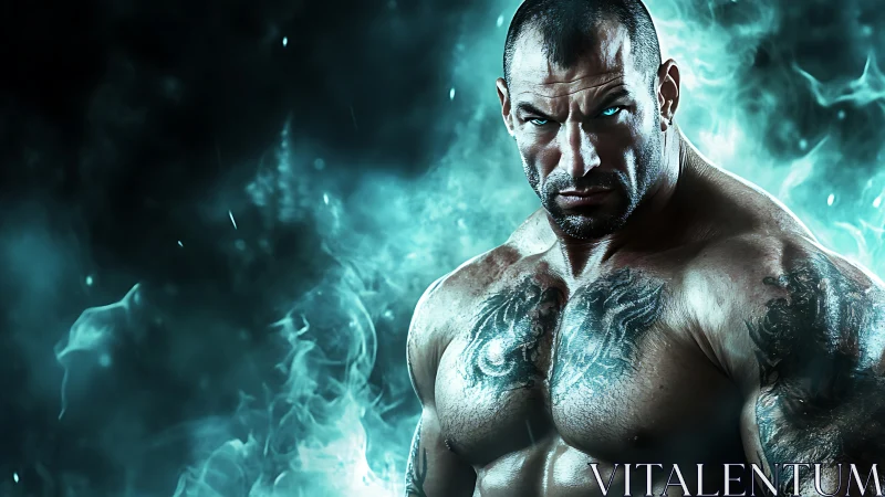 Digital painting of muscular warrior in teal ethereal smoke.