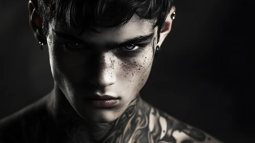 Shadow-lit freckled rebel with quiet, magnetic resolve.