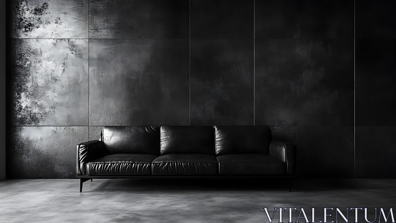 Monochrome leather sofa in industrial minimal interior scene.
