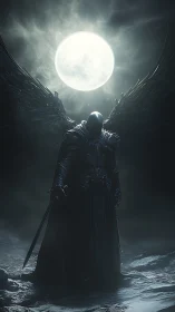 Dark winged knight stands beneath a blinding full moon.