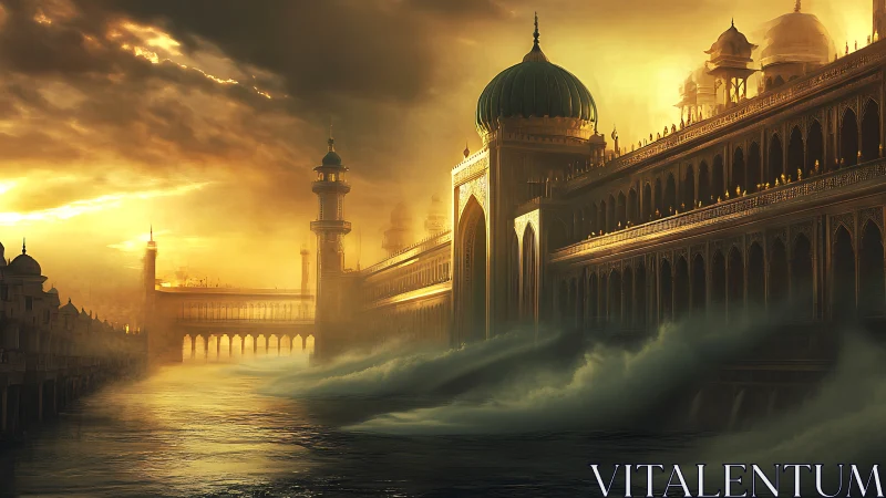 Golden flooded palace corridor merges architecture and storm