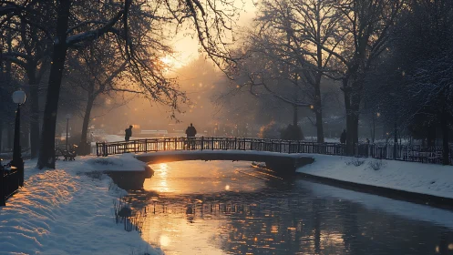 Golden winter sunrise glows over a tranquil snowy canal