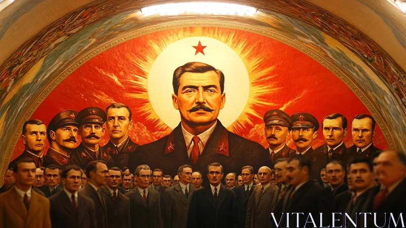 Wall mural of central political figure with surrounding portraits.
