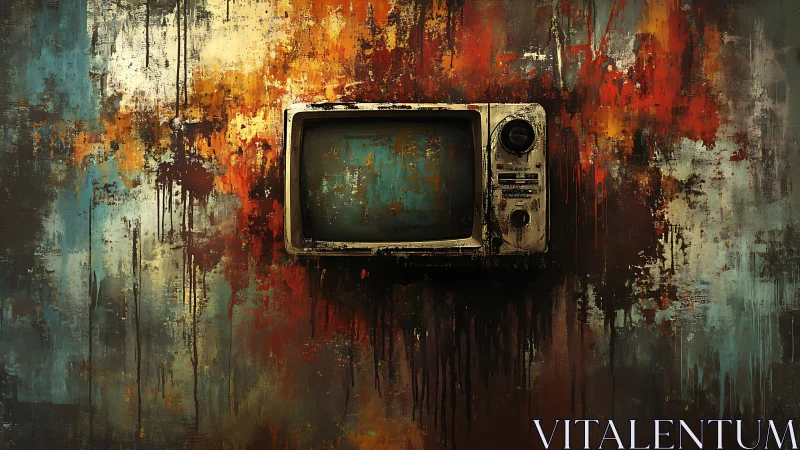 Degraded CRT monitor embedded in cascading pigment strata.