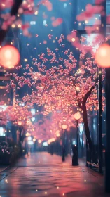 Cherry blossoms hum softly through neon rainlit midnight