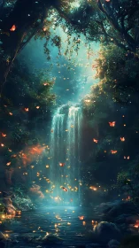 Whispering waterfall grove with ember-bright butterflies.