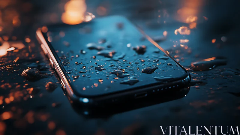 Water‑resistant smartphone on wet surface under bokeh lights
