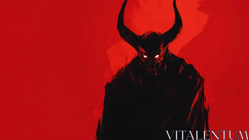 Shadowed horned demon gazes out from bold crimson depths