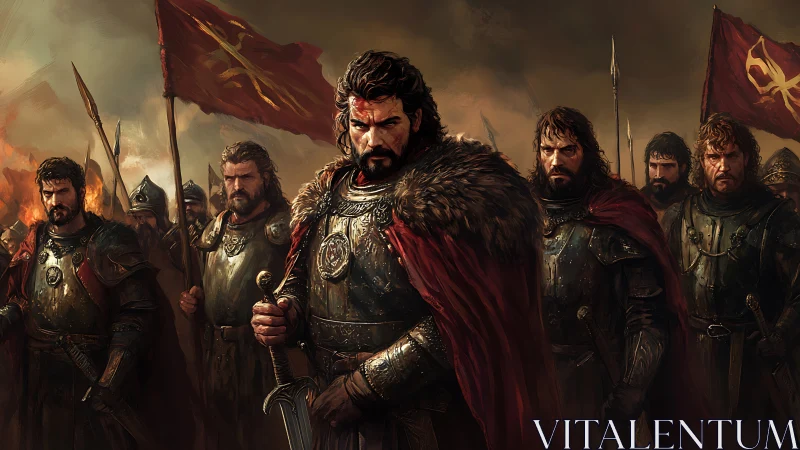 Armored medieval commander stands before ranked soldiers