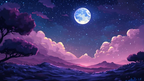 Moonlit valley landscape under starry purple sky.