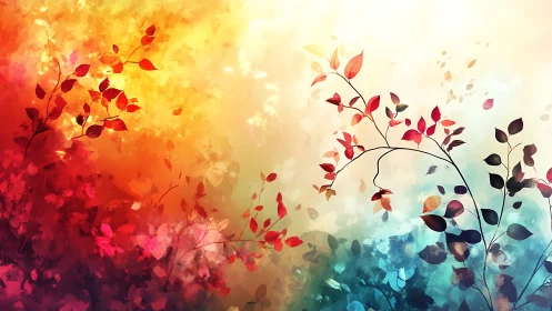 Vibrant gradient foliage with red leaves on abstract light field.