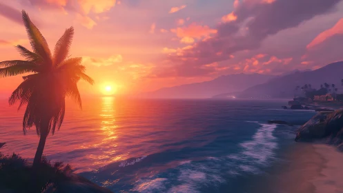 Gentle tropical sunset colors drift across a calm coastline