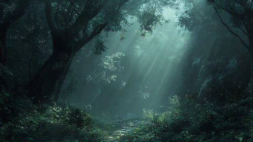 Mystical Forest Canyon with Ethereal Light Rays.
