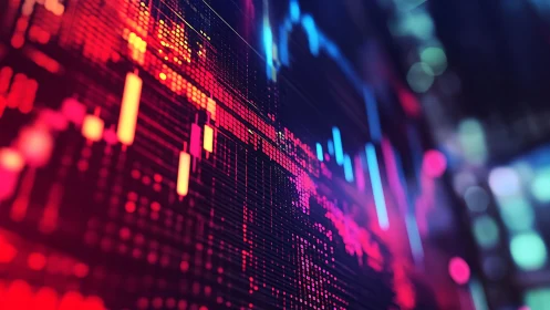 Digital financial chart with world map overlay in neon tones.
