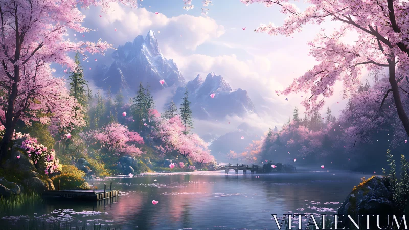 Serene cherry blossom lake rests beneath misty alpine peaks