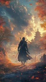 Solitary swordsman on autumn path toward tiered pagoda.